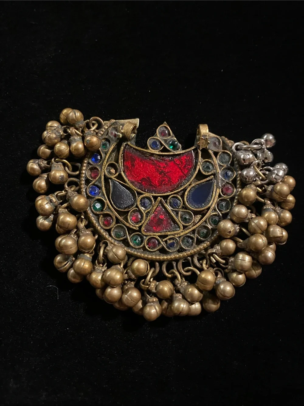 Vintage Kuchi Afghan Tribal Boho Statement Brass Side Bells and Gem Pendant